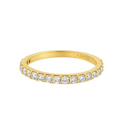 Gold band ring with diamonds on a white background