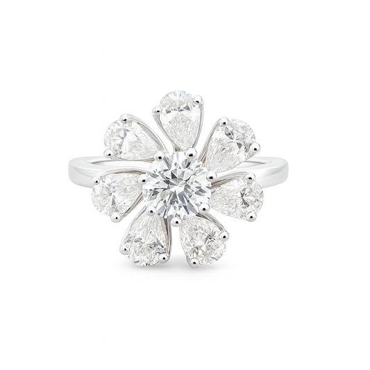 Diamond flower ring on a white background