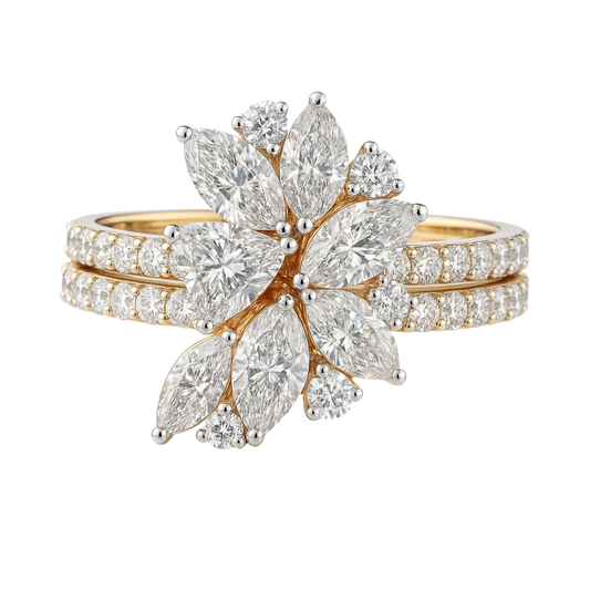 Diamond ring with a floral design on a white background