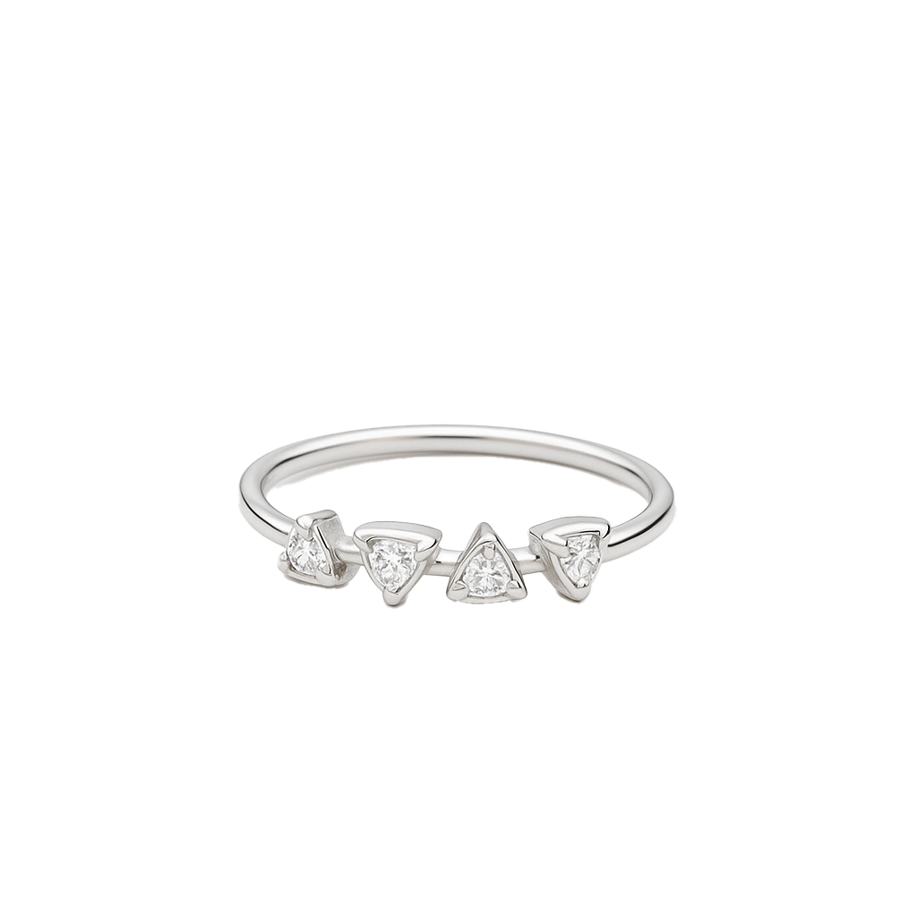 Silver ring with triangle-shaped gemstones on a white background