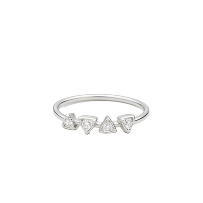 Silver ring with triangle-shaped gemstones on a white background
