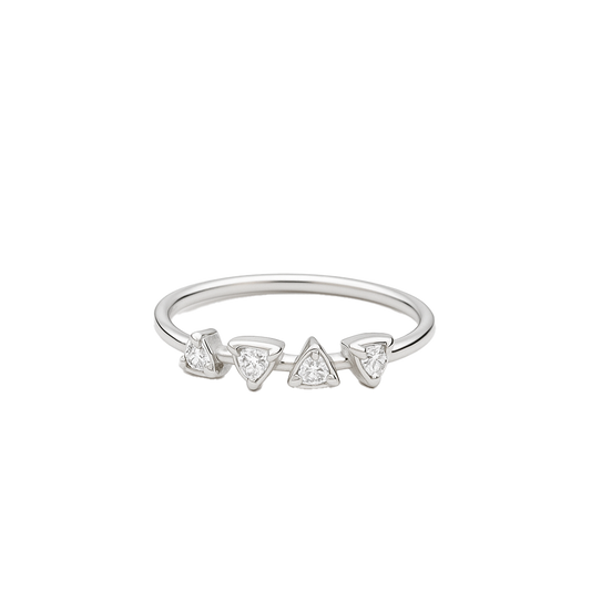 Silver ring with triangle-shaped gemstones on a white background